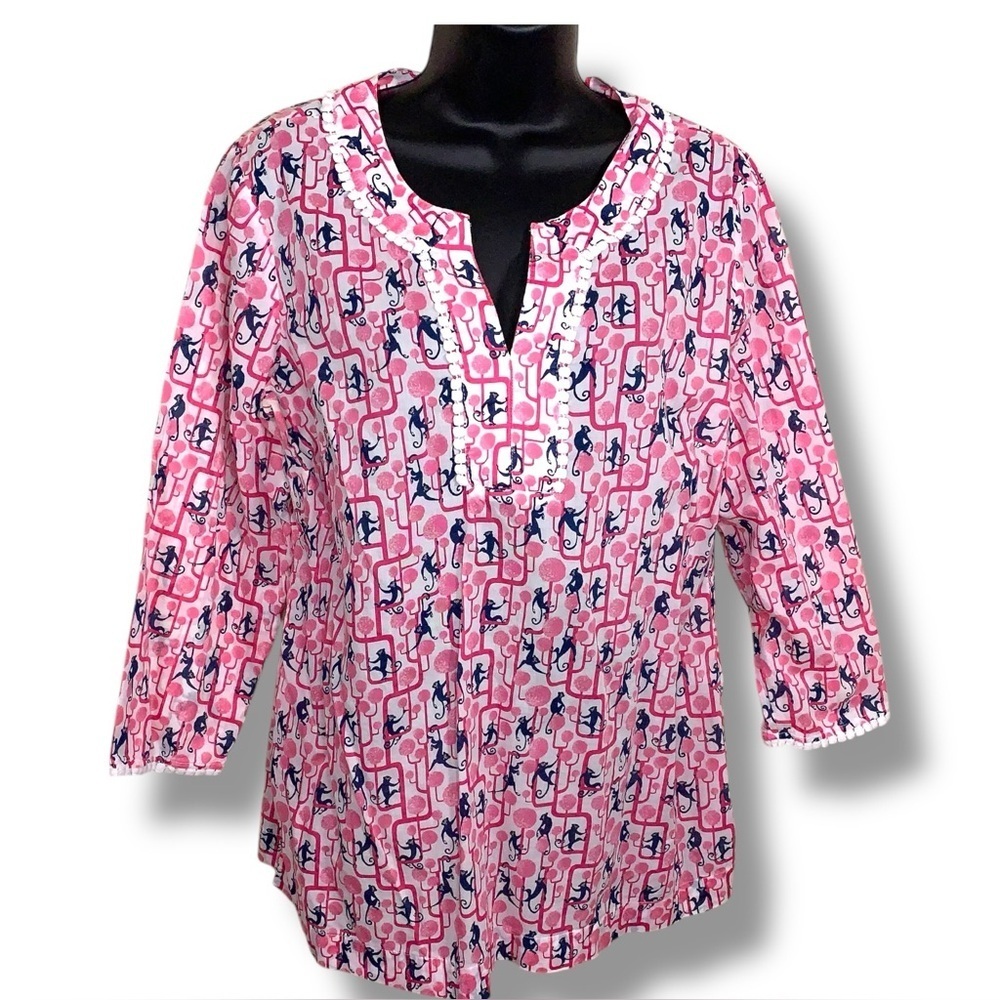 Medium Talbots Pink Monkey Print Blouse Top Fun Boho Bohemian Cotton